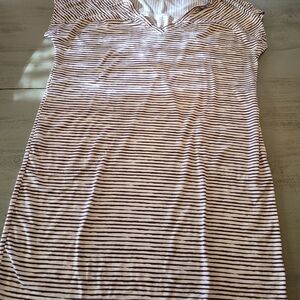 Title Nine Hiolani Tshirt Dress, Painted Stripe Brown and White, Vneck Short Slv